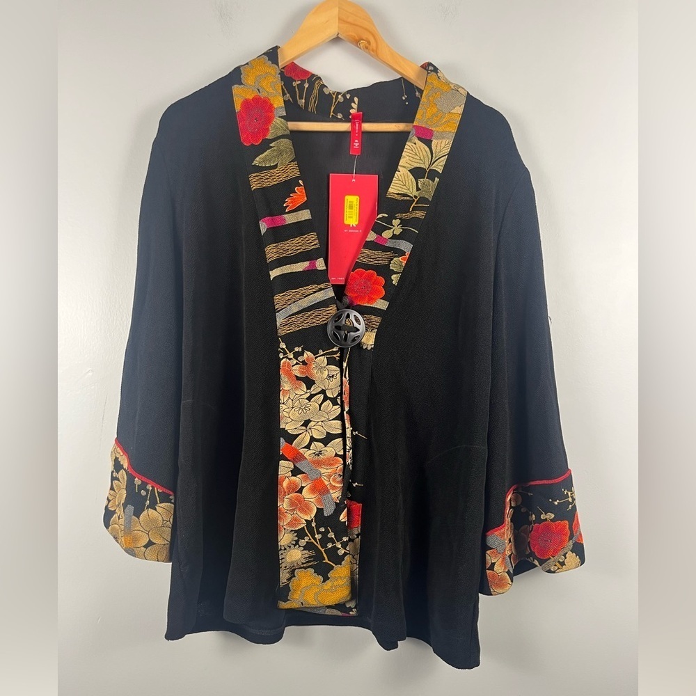 New IC BY CONNIE K Black Kimono Blazer Jacket Size XL Orange Floral Trim Knit